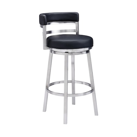 Armen Living Titana 30" Bar Height Swivel Black Faux Leather and Brushed Stainless Steel Bar Stool 840254335103